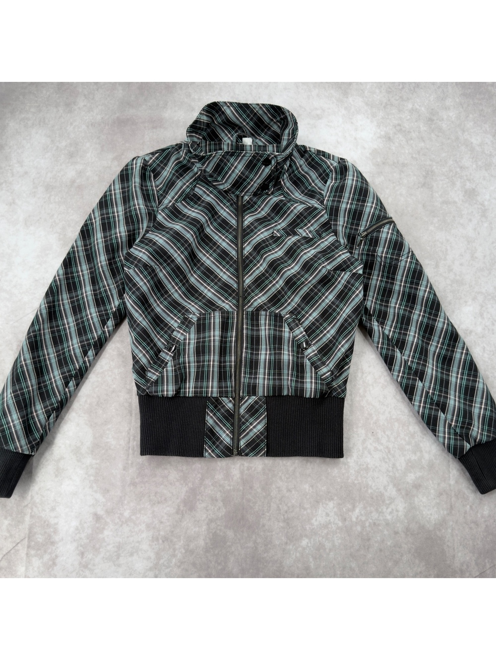 Y2K Plaid Snap Neck Zip Up Bomber Jacket Size 10 Grunge Streetwear